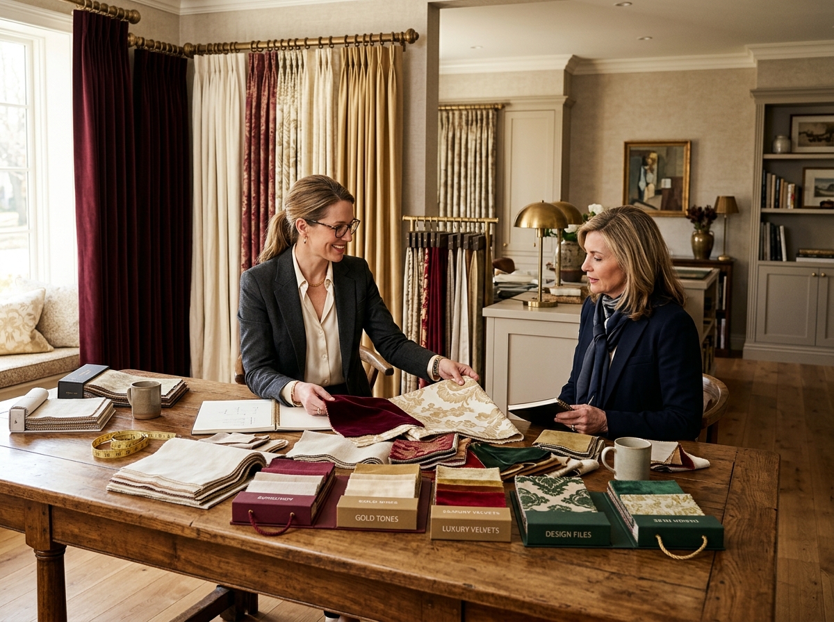 Interior design consultation with fabric samples