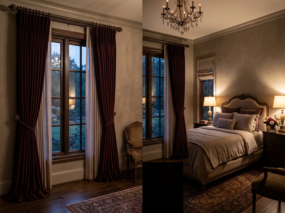 Luxury burgundy velvet curtains with professional draping