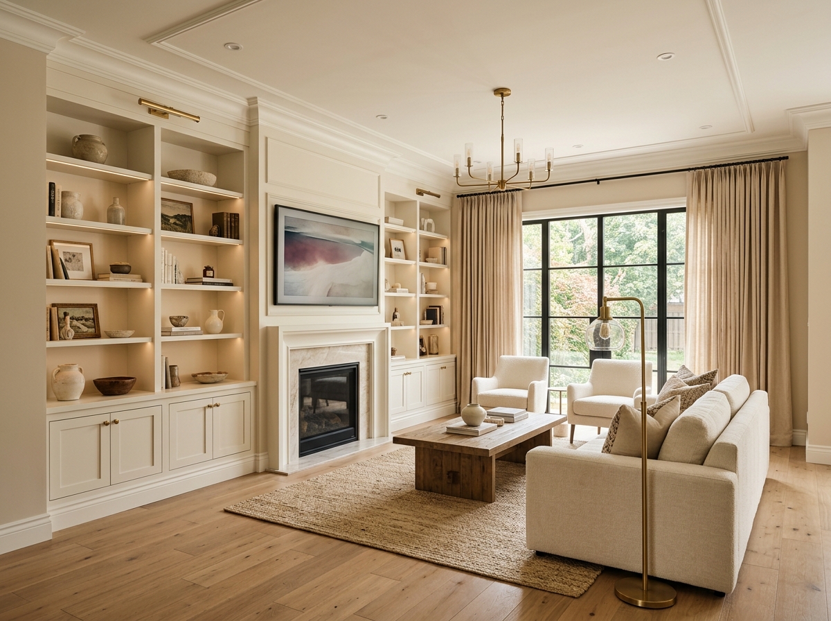 Modern living room renovation with custom built-ins